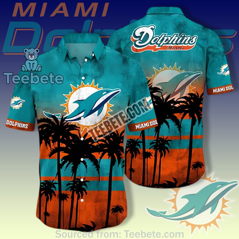 Miami Dolphins Teal Orange Sunset With Palm Trees Hawaiian Button Up Shirt