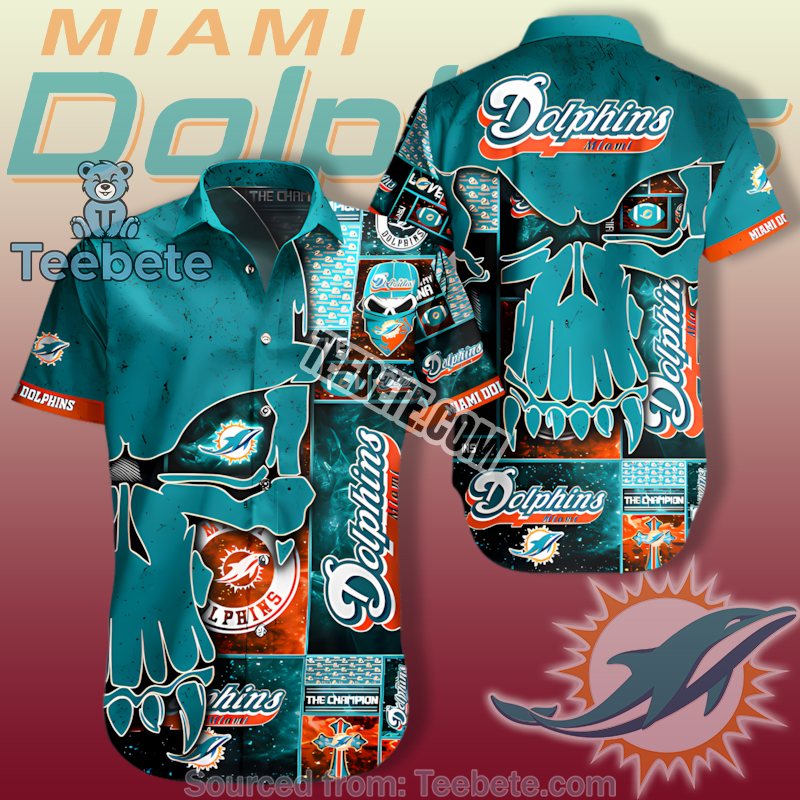 Miami Dolphins Teal Sunset Scene Palm Trees Crazy Hawaiian Shirts