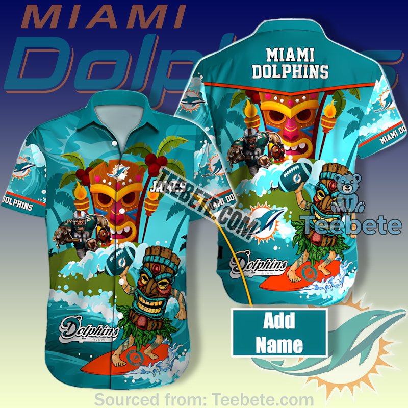 Miami Dolphins Teal Tropical Car Surfboard Palm Trees Hawaiian Button Down
