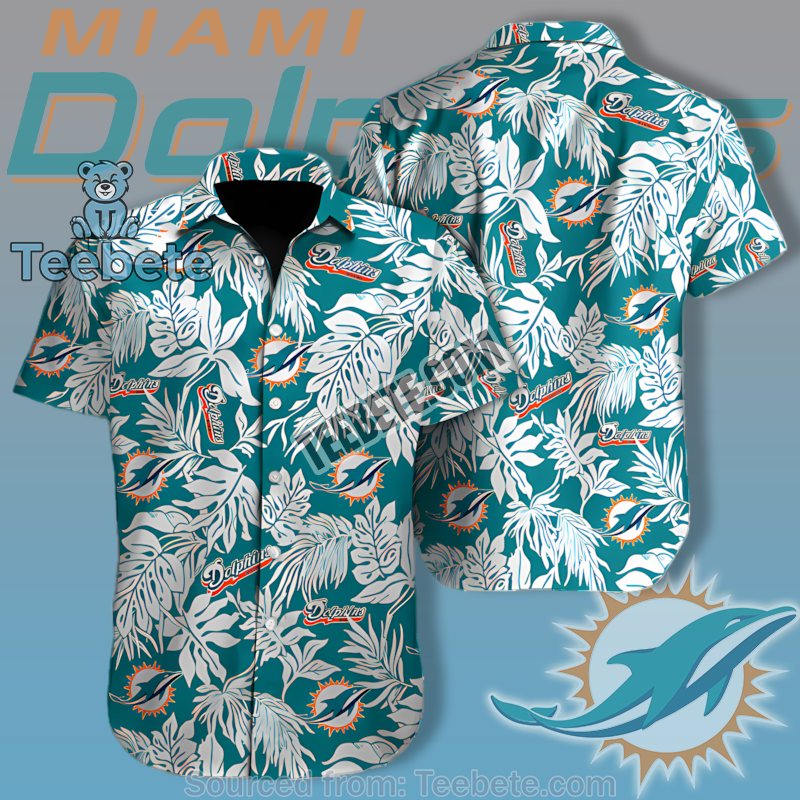 Miami Dolphins Teal White Tropical Leaves Pattern Fanwear Hawaiian Button Up