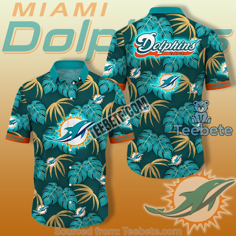 Miami Dolphins Teal With Tropical Banana Monstera Leaves Unique Hawaiian Shirts
