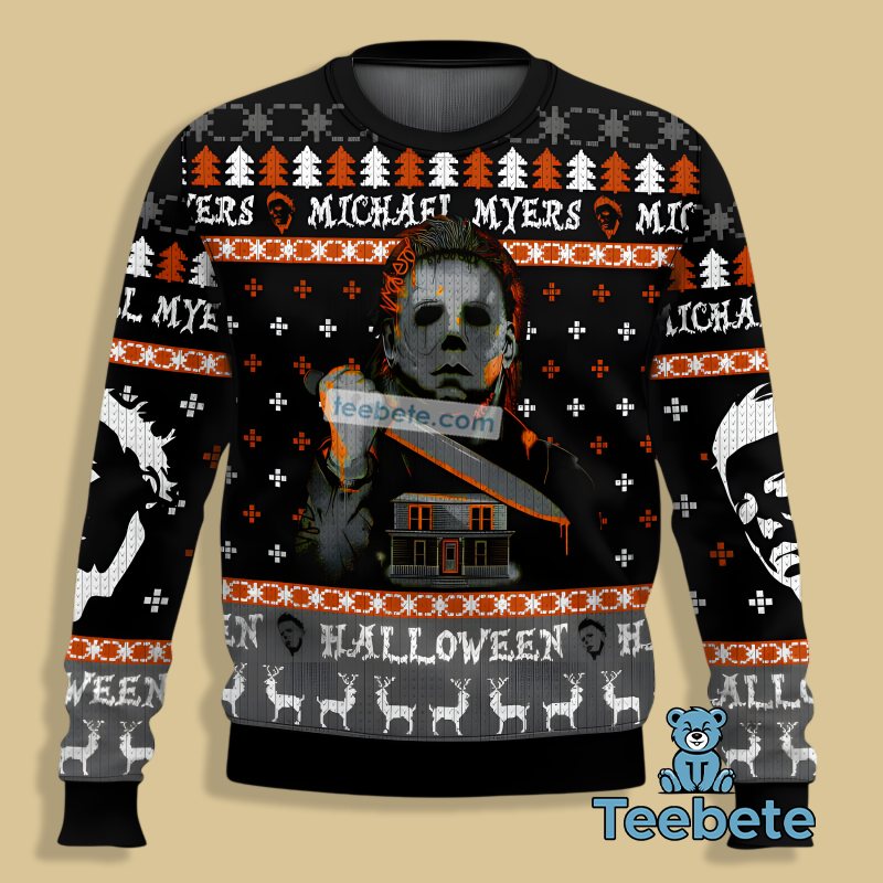 Michael Myers Haunted House Ugly Christmas Sweaters Grey Black Best