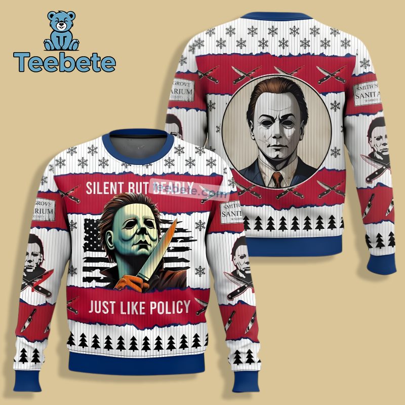 Michael Myers Silent But Deadly Ugly Holiday Sweater Red White