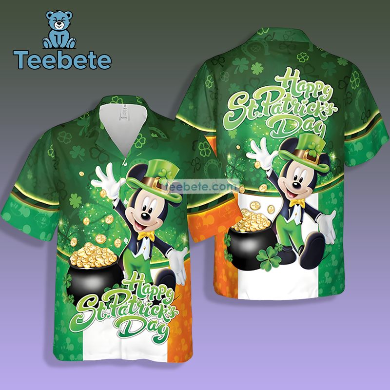 Mickey Mouse Shamrock Pot Of Gold St Patrick Green Printed Hawaiian Shirts