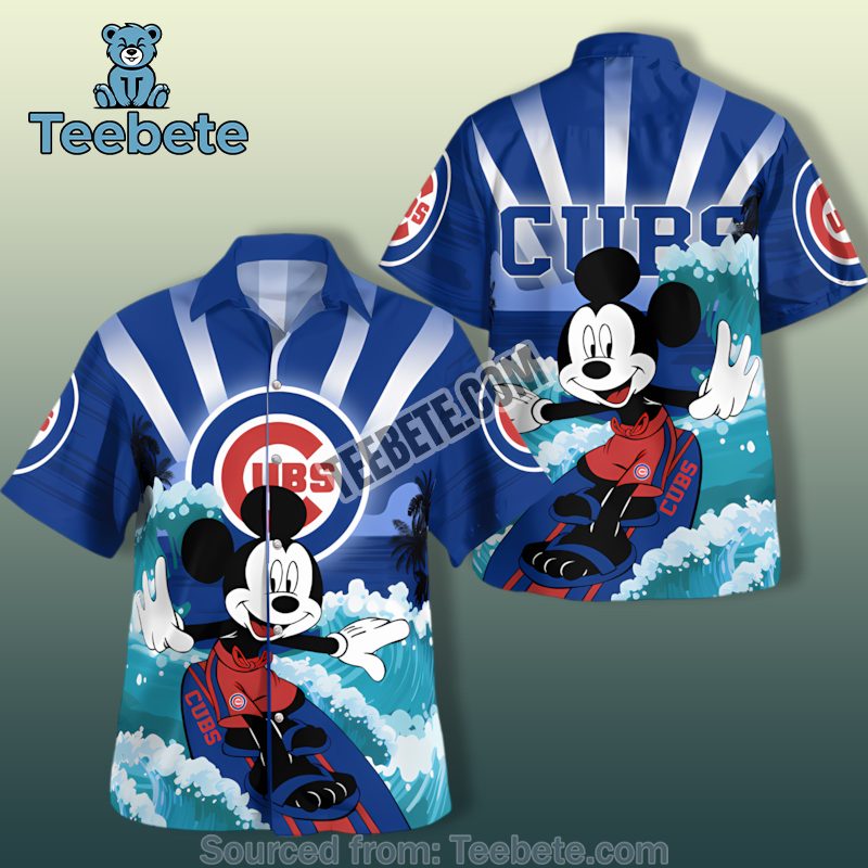 Mickey Surffing Blue Red Chicago Cubs Hawaiian Button Down
