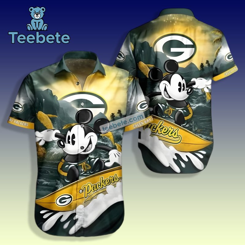 Mickey Surfing Green Bay Packers Beach Hawaiian Button Up