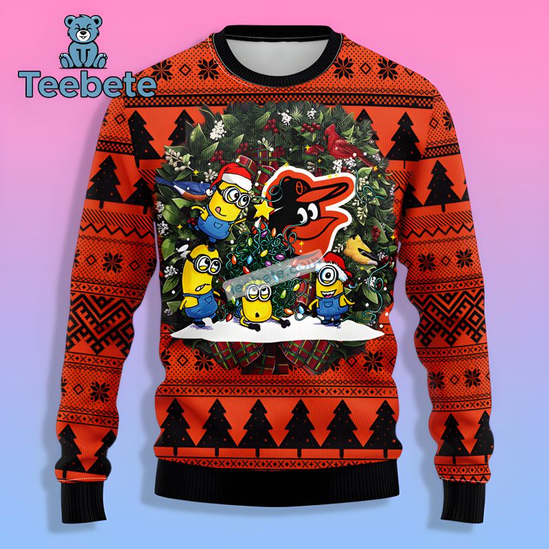 Baltimore Orioles Minion Wreath Ugly Christmas Sweater Orange Funny