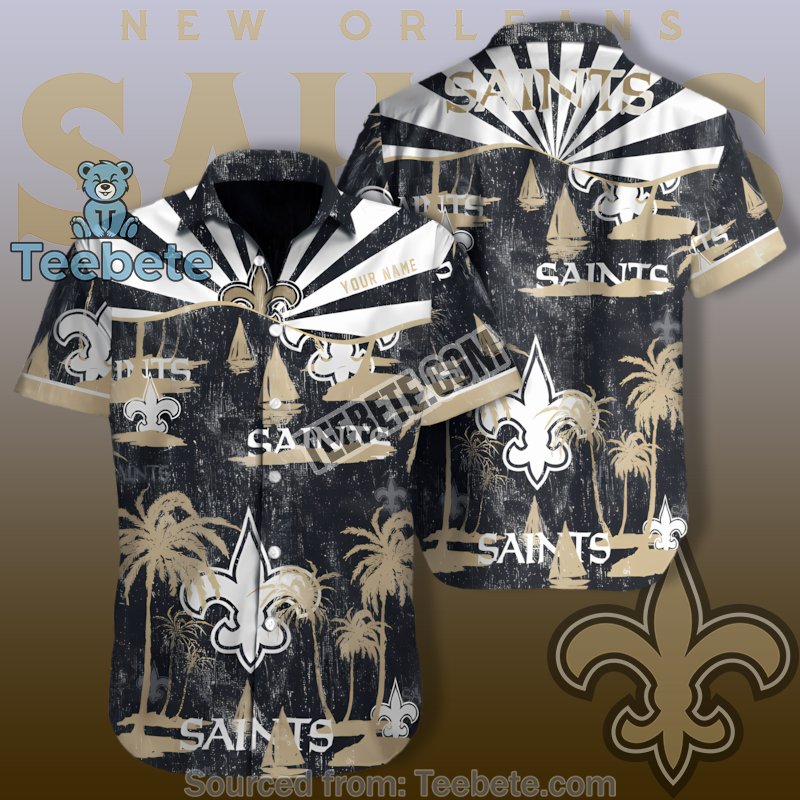 New Orleans Saints Black Palm Tree With Sailboat Hawaiian Shirt