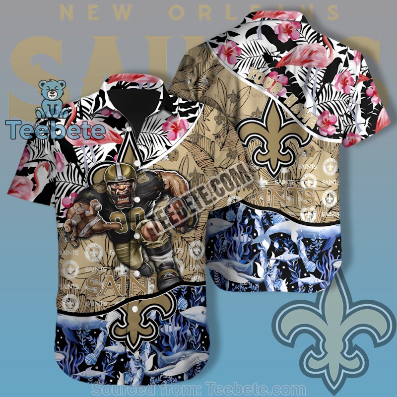 New Orleans Saints Mascot Flamingo And Shark Blue Hawaiian Shirt