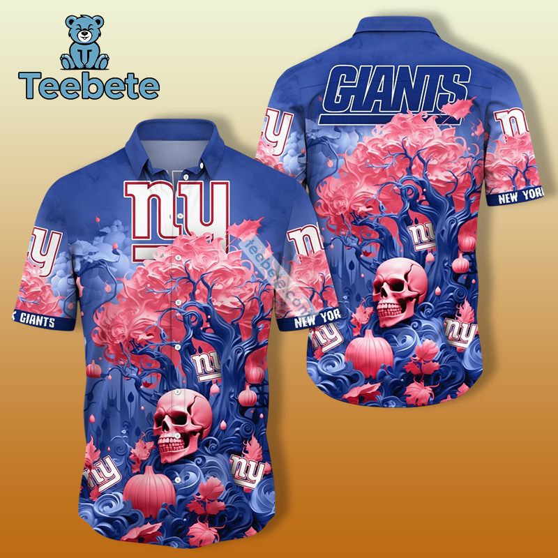 New York Giants With Horror Skull Blue Hawaiian Shirts For Couples