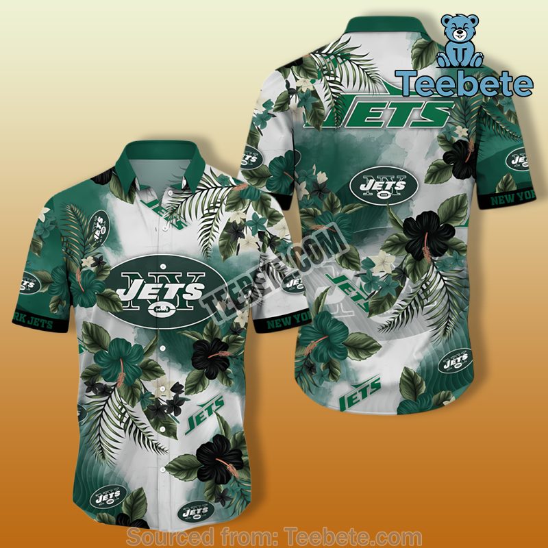New York Jets Black Hibiscus And Tropical Palm Leaves Cheap Hawaiian Shirts