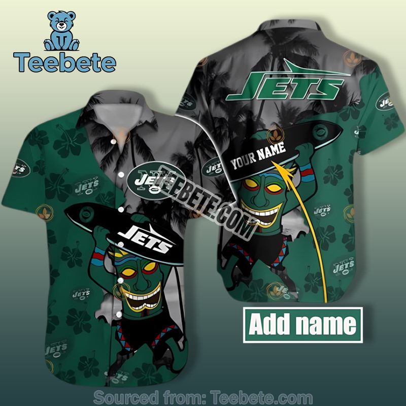 New York Jets Green Tiki Mask And Coconut Trees Hawaiian Shirt Style