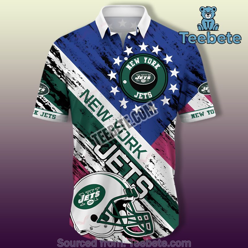 New York Jets Patriotic Football Helmet White Blue Aloha Print Shirt