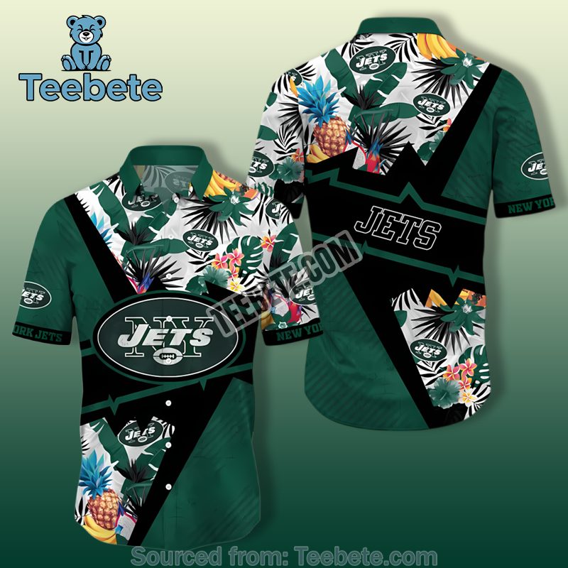 New York Jets Pineapple Floral Split Panel Green Hawaiian Button Up