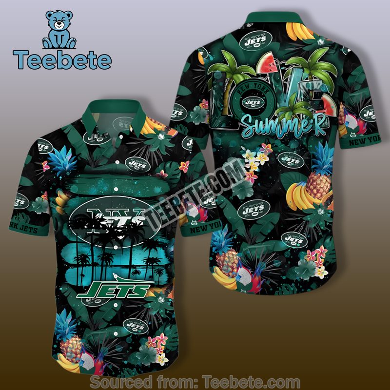 New York Jets Pineapple Hibiscus And Tropical Fruit Green Hawaiian Shirt Day