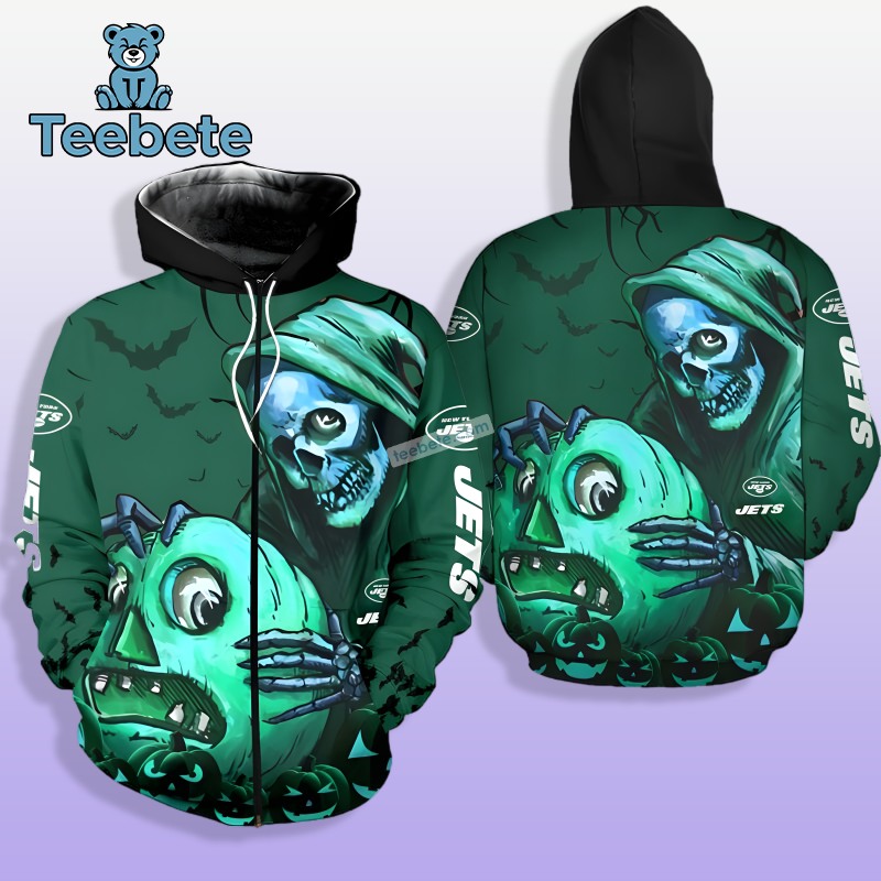 New York Jets Skull Pumpkin Scary Halloween Green 3D Hoodies Men