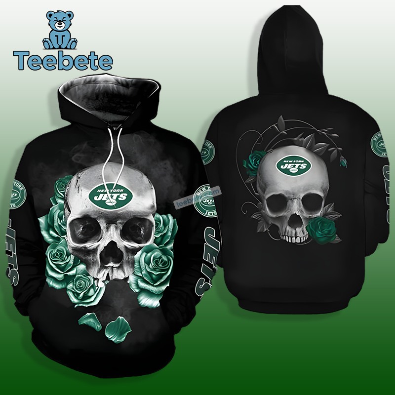 New York Jets Skull Roses Green Black Hoodie 3D Print