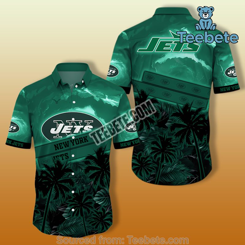 New York Jets Tropical Palm Trees And Thunderstorm Green Unisex Hawaiian Shirts
