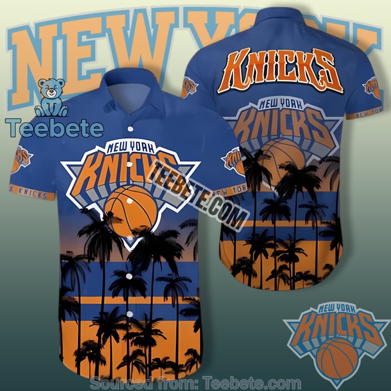 New York Knicks Blue Sunset Palm Trees Gradient Beach Classic Hawaiian Shirts