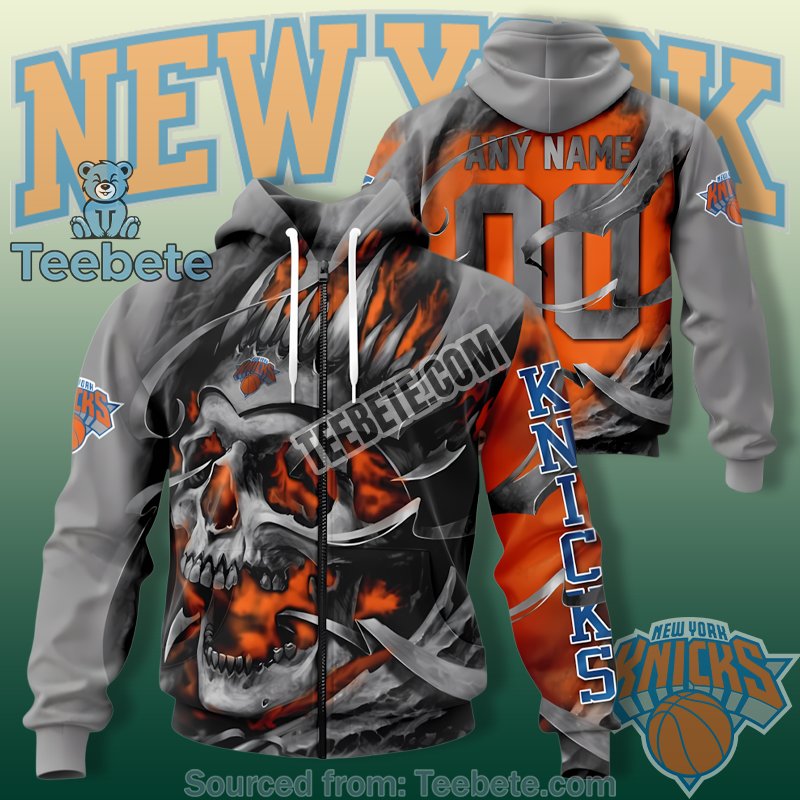 New York Knicks Flaming Skull Claw Slash 3D Hoodie Orange Jacket