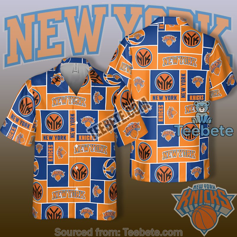 New York Knicks Orange Blue Grid Pattern Retro Logos Hawaiian Button Up Shirt