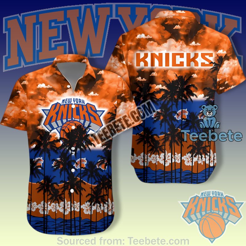 New York Knicks Orange Sunset Clouds Palm Trees Ocean Scene Real Hawaiian Shirts