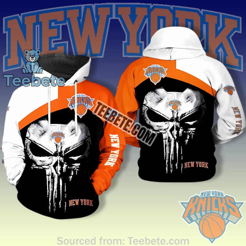 New York Knicks Punisher Skull Grunge Style Orange 3D Design Hoodie