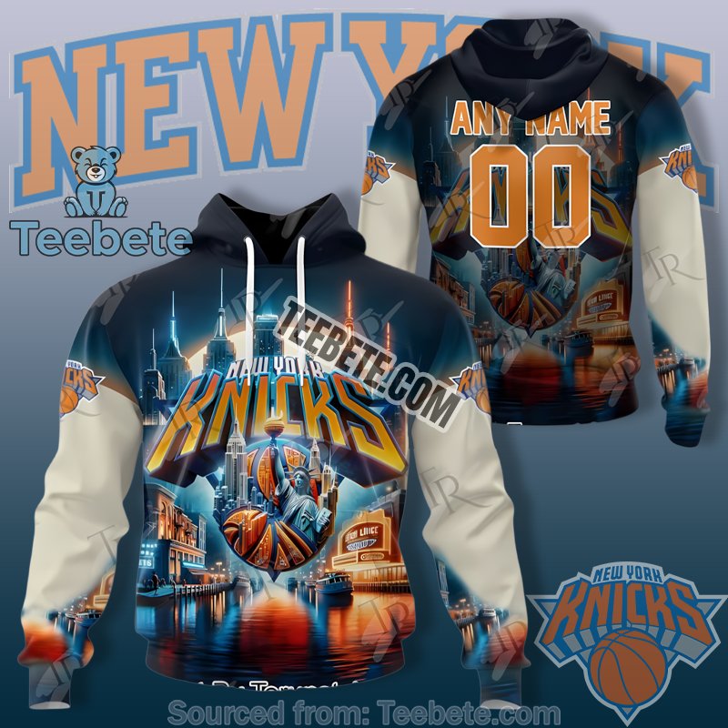 New York Knicks Skyline Liberty Basketball Lights Navy 3D Hoodie Zipper