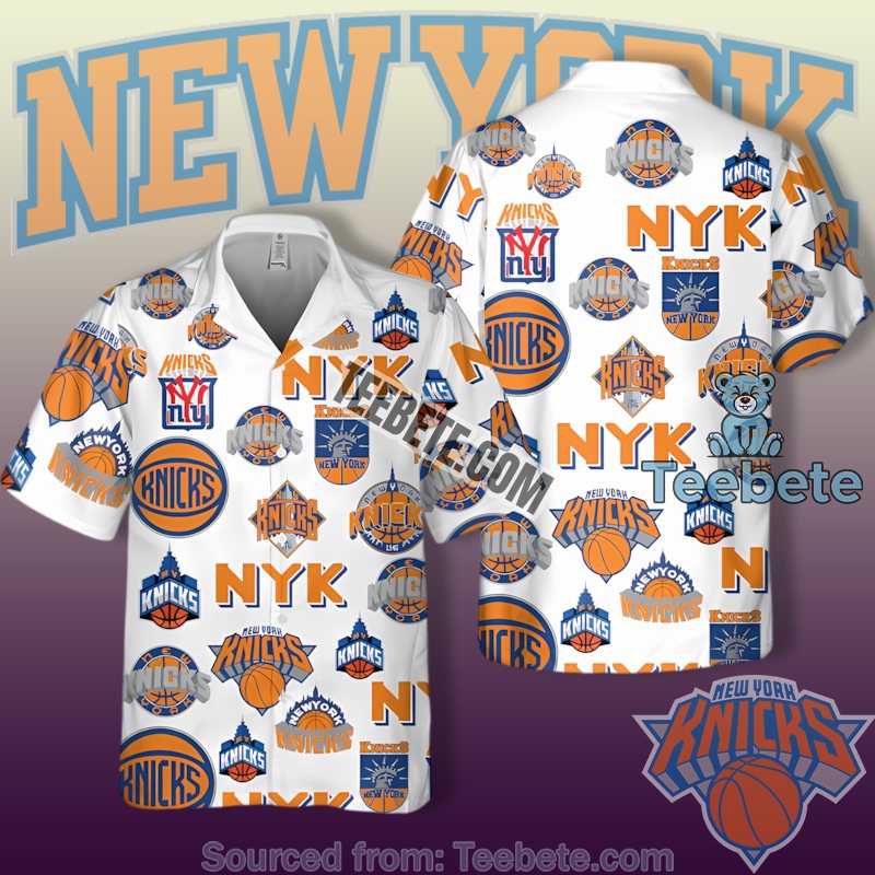 New York Knicks White Logos Nyk Pattern All Over Classic Hawaiian Shirts