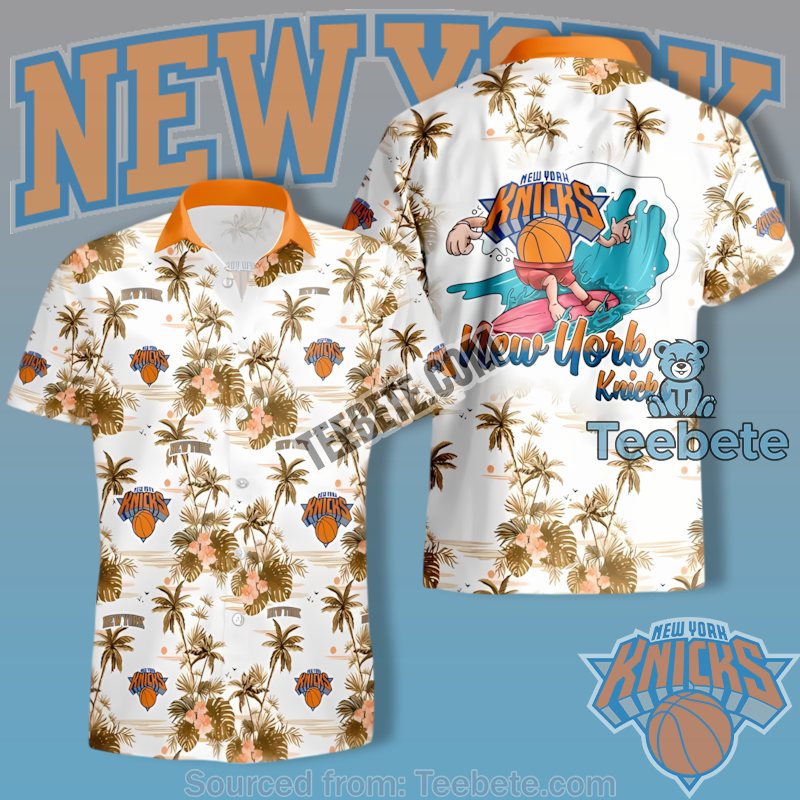 New York Knicks White Palm Trees Surfer Cartoon Ocean Wave Unique Hawaiian Shirts