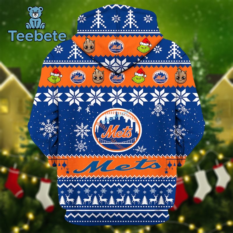 New York Mets Baby Groot The Grinch Ugly 3D Hoodie Puff Print New York Mets Baby Groot The Grinch Ugly 3D Hoodie Puff Print