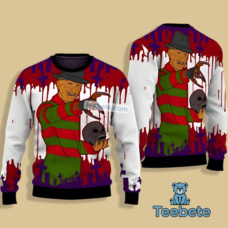Nightmare On Elm Street Freddy Krueger Skull Ugly Christmas Sweater Ladies White Red