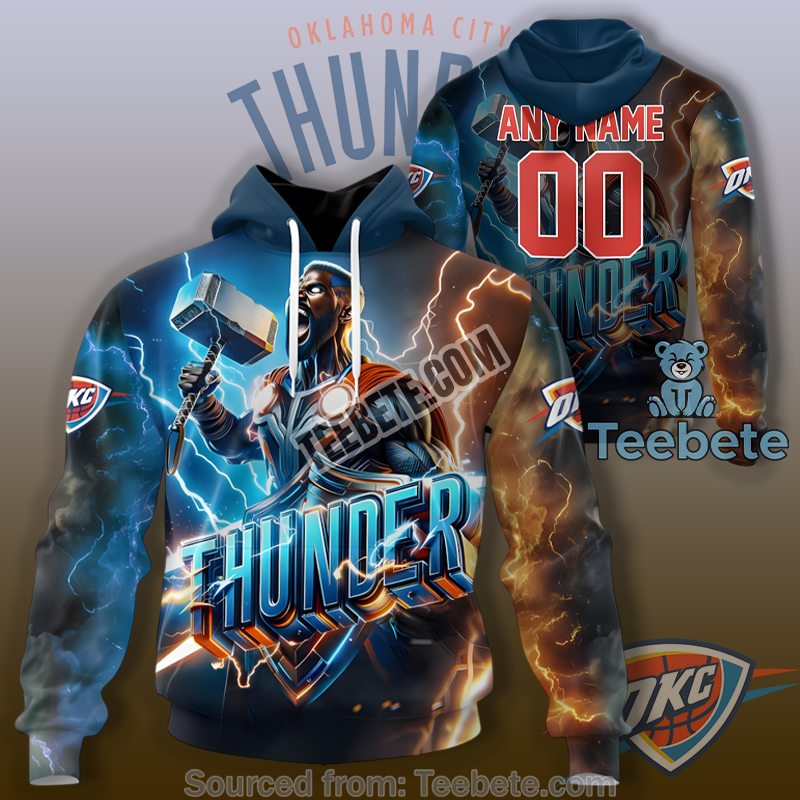 Oklahoma City Thunder Thor Inspired 3D Zip Up Hoodie Blue Mens