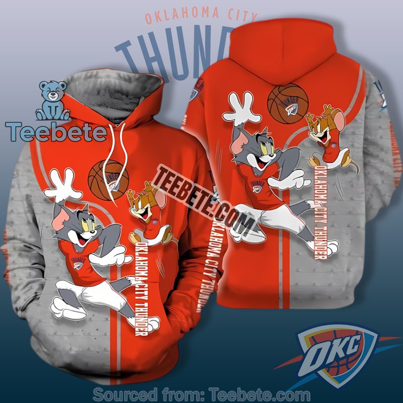 Oklahoma City Thunder Tom And Jerry 3D Hoodie Grey Orange Realistic Unisex