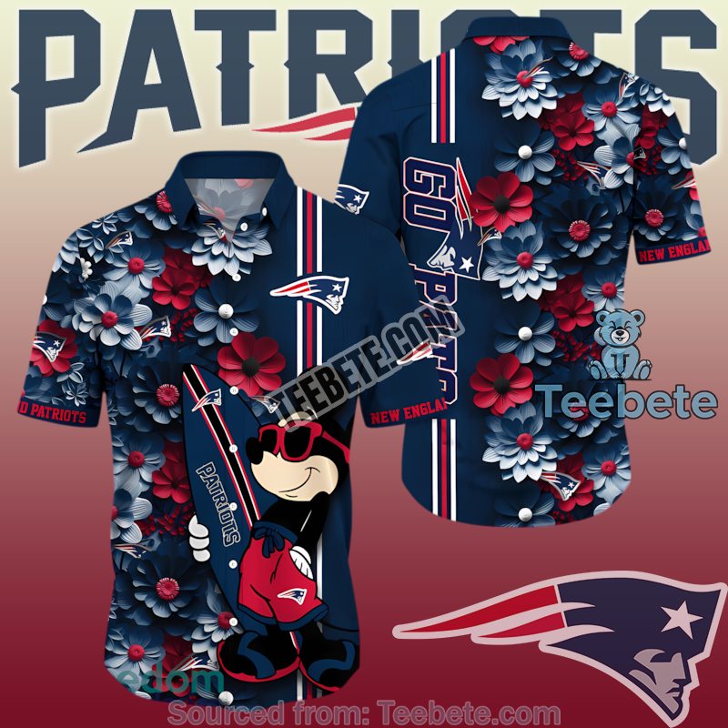 Patriots Mickey Mouse Surfboard Vs Dahlia Flowers Navy Luxury Hawaiian Shirts