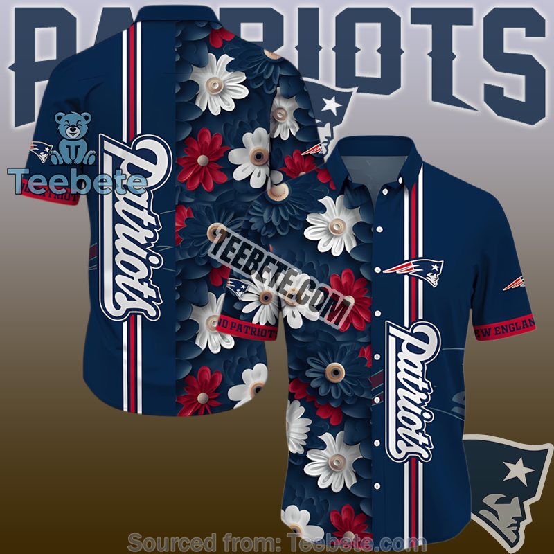 Patriots Navy Floral Stripe With Navy Daisies Pattern Funky Hawaiian Shirts
