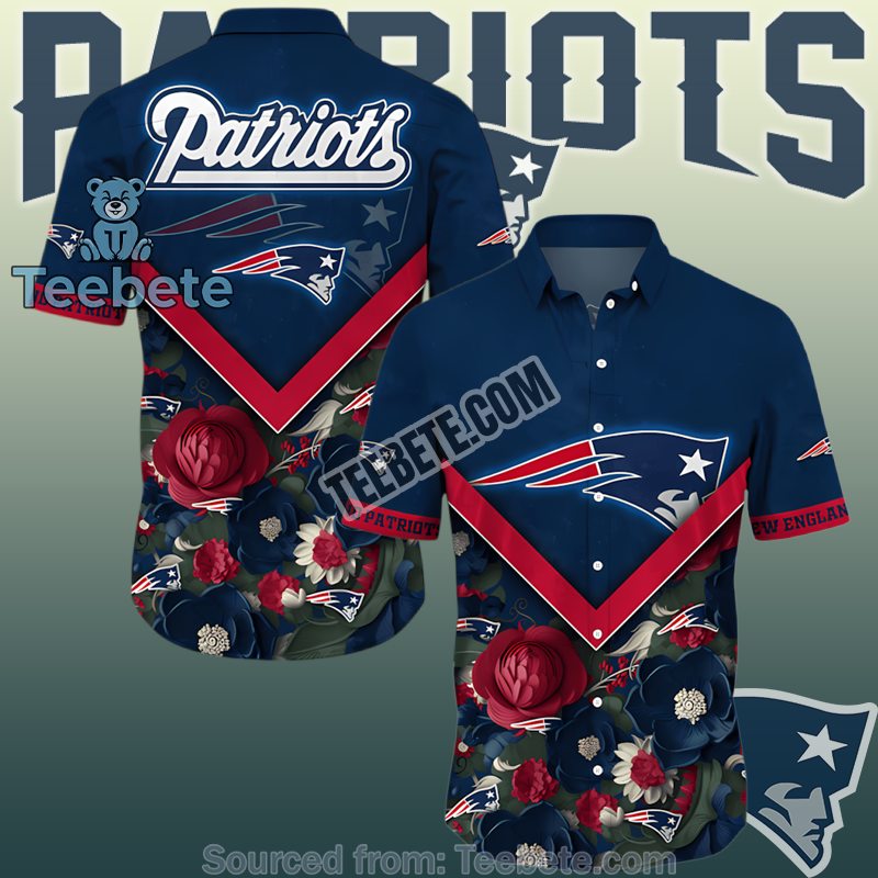 Patriots Navy Red V Cut With Peony Flowers Tropical Leaves Hawaiian Button Up Shirt