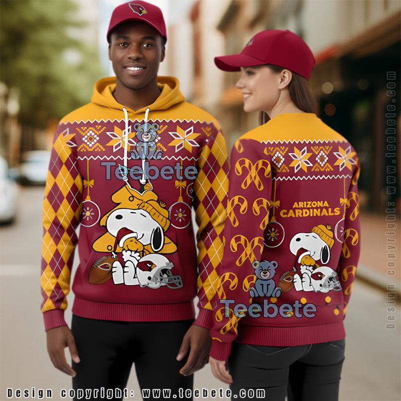 Peanuts Snoopy Arizona Cardinals Snoopy Xmas Tree Ugly 3D Zip Up Hoodie