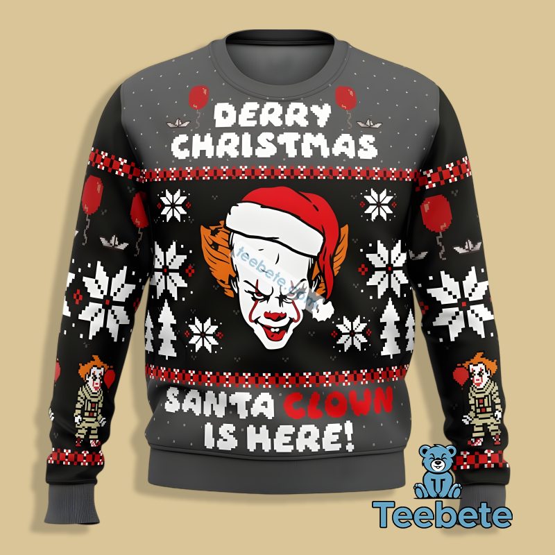 Pennywise Santa Clown Is Here Ugly Christmas Sweater Grey Black