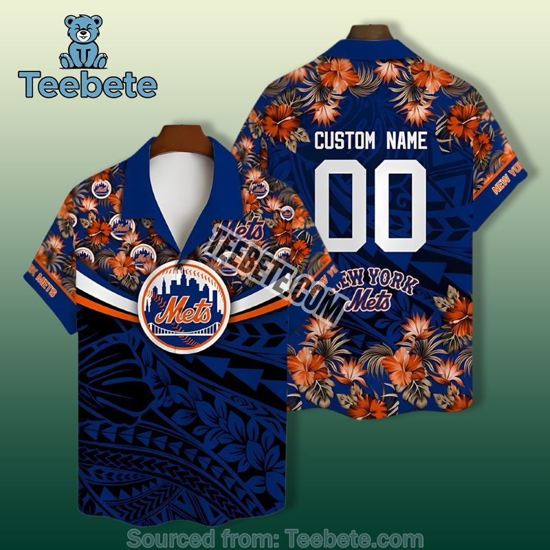 Personalized Blue Tropical New York Mets Hawaiian Button Down