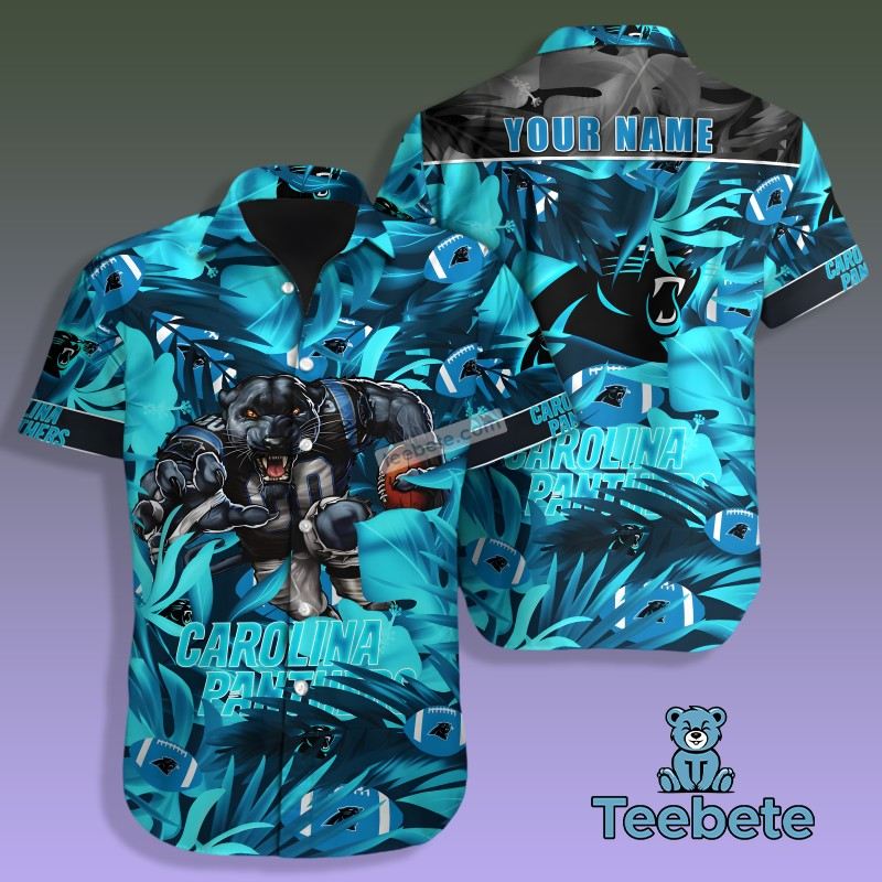 Personalized Carolina Panthers Tropical Tree Blue Hawaiian Button Up