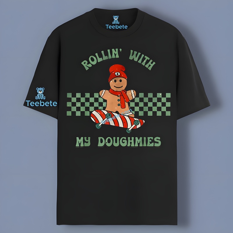 Rollin With My Doughmies Gingerbread Man Skateboarding Shirt Boys