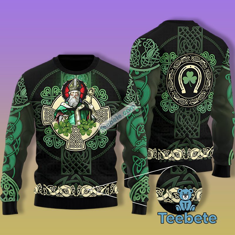 Saint Patrick And Celtic Cross Ugly Christmas Sweater Green Best