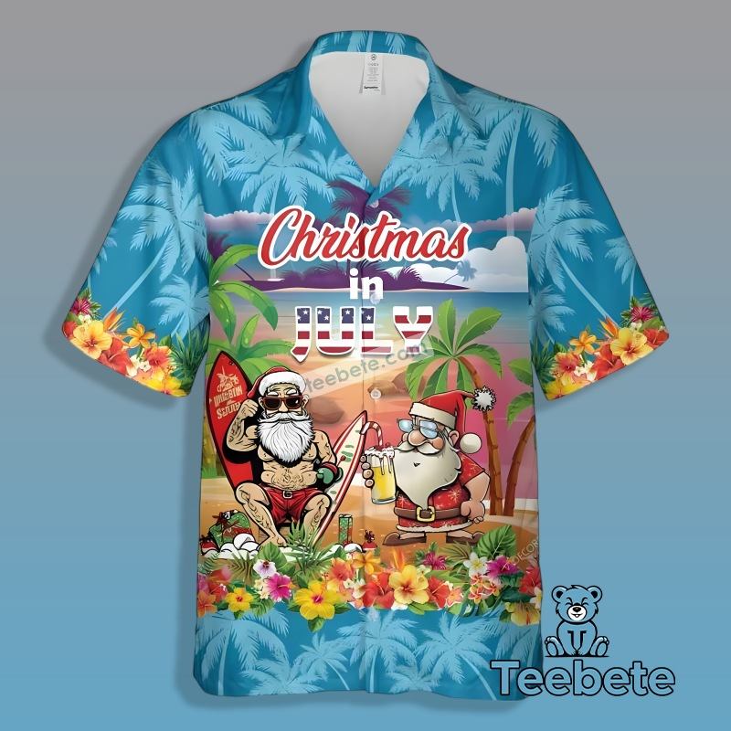 Santa Claus Beach Christmas In July Blue Hawaiian Button Up