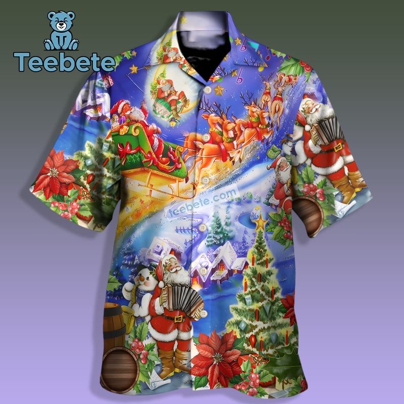 Santa Claus Plays Musical Instruments Blue Cheap Hawaiian Shirts