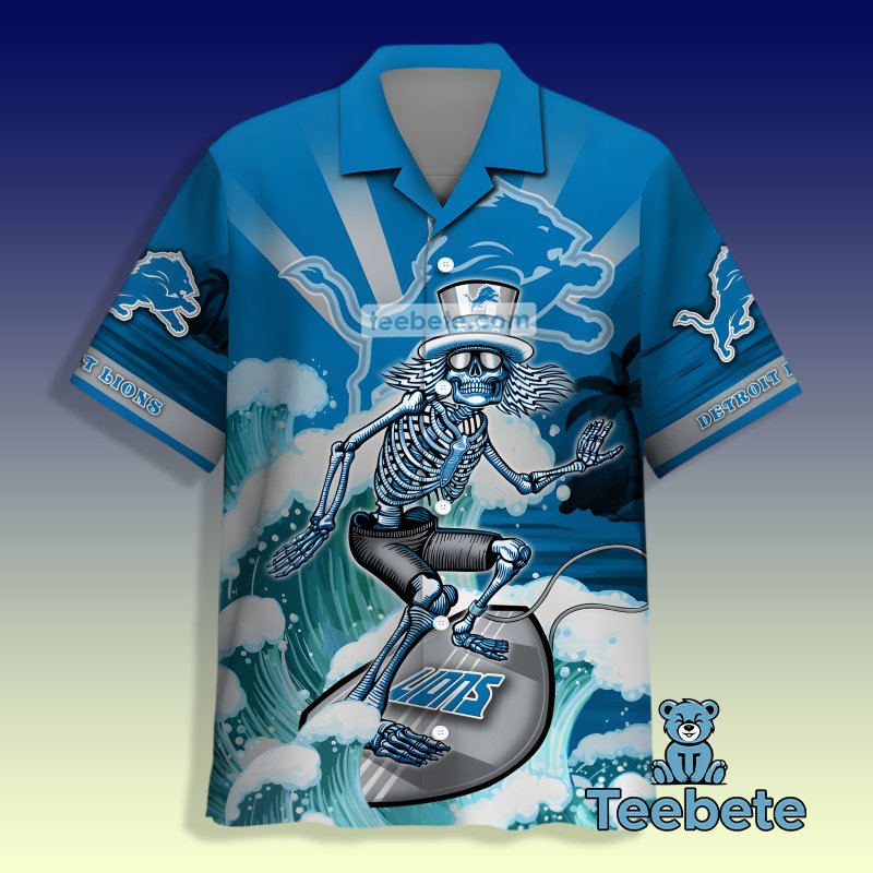 Skull Detroit Lions America Flag Blue Hawaiian Shirt Outfit Men