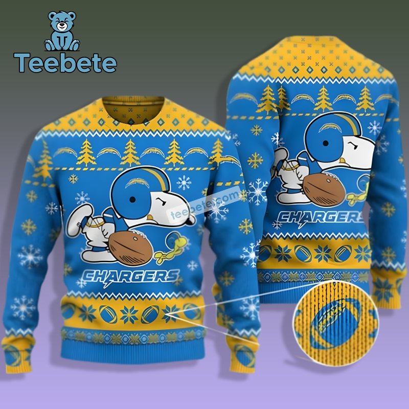 Los Angeles Chargers Snoopy Woodstock Womens Ugly Xmas Sweater Blue Yellow