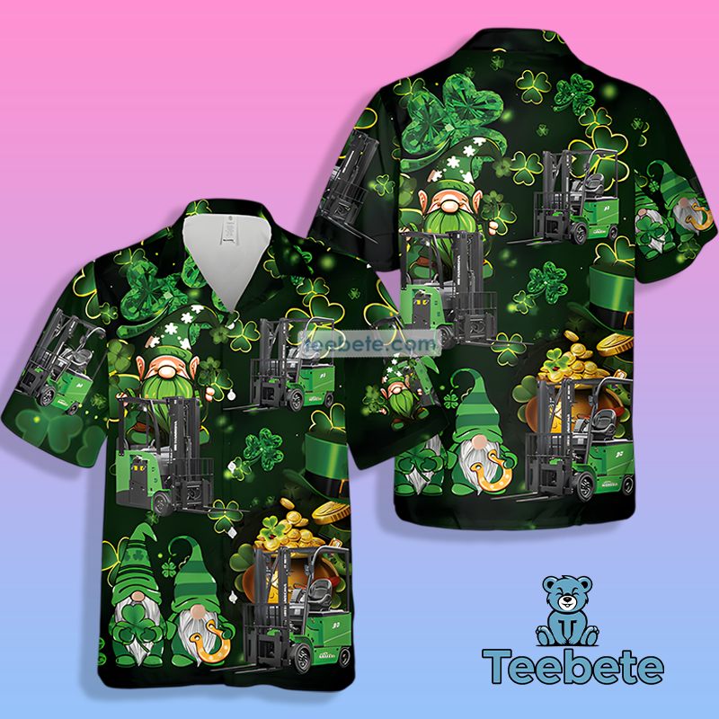 St Patrick Gnome Forklift Shamrock Green Mens Tropical Button Up Shirt