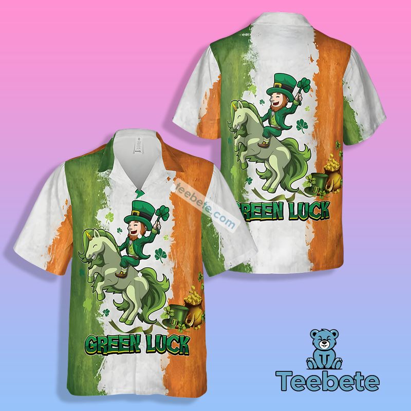 St Patrick Leprechaun Riding Unicorn Shamrock Green Hawaiian Shirts