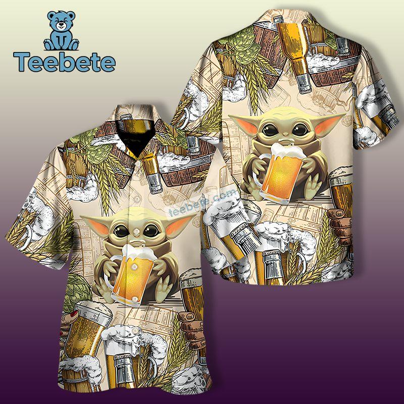 Summer Baby Yoda Cheer Beer Yellow Hawaiian Button Down